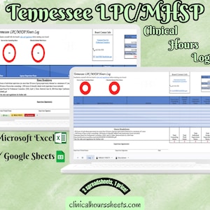 May include: Two laptop screens displaying a Tennessee LPC/MHSP Clinical Hours Log spreadsheet. The digital document includes sections for hours breakdown, supervisor signatures, and contact information, compatible with Microsoft Excel and Google Sheets.