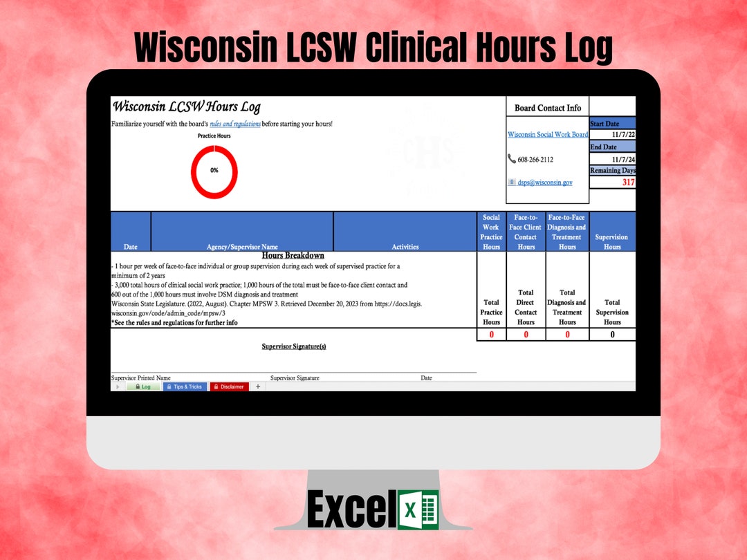 Wisconsin, LCSW Hour Tracker, Clinical Hours Log, Clinical Supervision