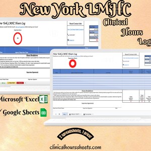 May include: Two laptops displaying a "New York LMHC Hours Log" spreadsheet. The image includes the text "Clinical Hours Log", "Microsoft Excel", "Google Sheets", and "2 spreadsheets, 1 price!" The website address "clinicalhourssheets.com" is also visible.