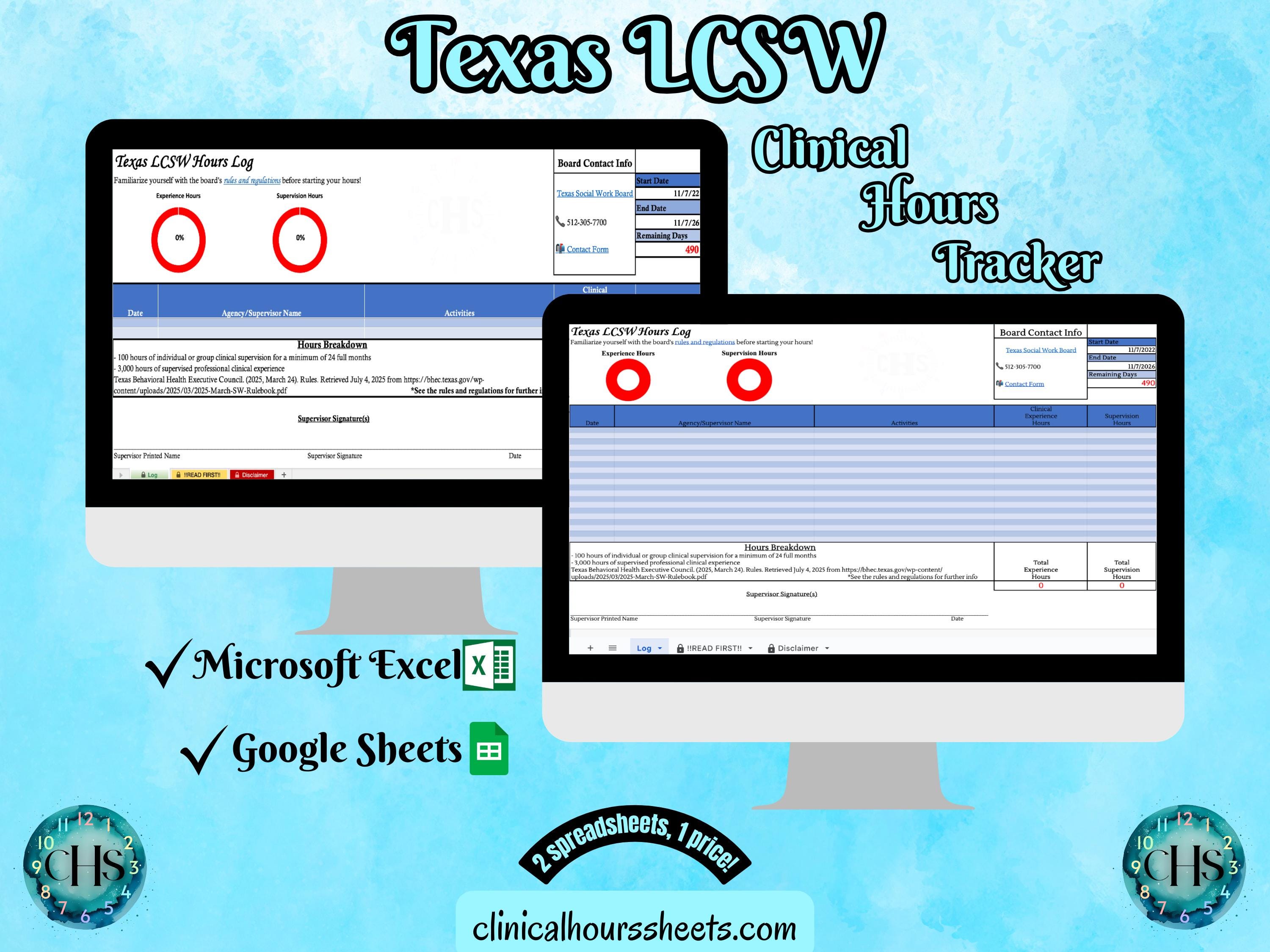 Texas, LCSW Hours Tracker, Clinical Supervision Log for Master Social Worker - MSW Student or MSW Graduation Gift