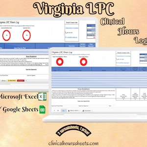 Puede incluir: Dos portátiles que muestran una hoja de cálculo "Virginia LPC Hours Log". El texto "Clinical Hours Log" es visible. La imagen también incluye el texto "Microsoft Excel" y "Google Sheets". También se muestra el sitio web clinicalhourssheets.com.