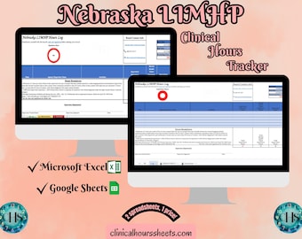 Pode incluir: Dois monitores de computador exibindo um modelo "Nebraska LIMHP Hours Log". A imagem inclui o texto "Clinical Hours Tracker", "Microsoft Excel" e "Google Sheets". O site "clinicalhourssheets.com" também é visível.