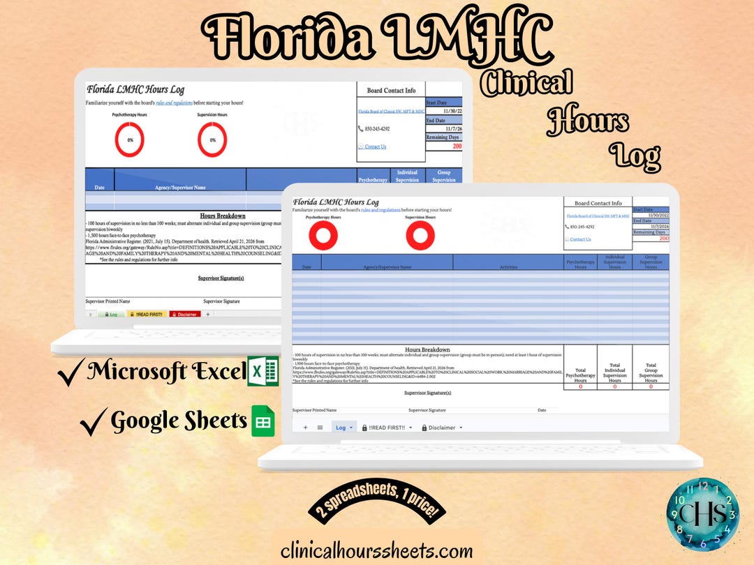 Florida LMHC, Clinical Hours Tracker, Supervision Log for Registered ...