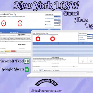 Op de afbeelding: Twee laptops met een "New York LCSW Hours Log" spreadsheet. De afbeelding bevat de tekst "Microsoft Excel" en "Google Sheets". De zin "2 spreadsheets, 1 price!" is ook zichtbaar, samen met het websiteadres.
