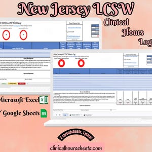 May include: Two laptops displaying a "New Jersey LCSW Clinical Hours Log" spreadsheet. The image includes the text "Microsoft Excel" and "Google Sheets". The background is a light pink with the text "New Jersey LCSW Clinical Hours Log".