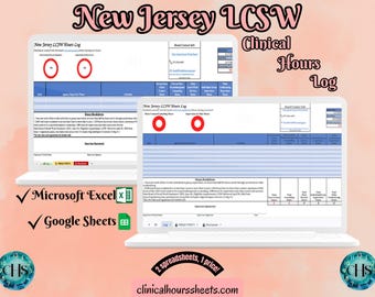Puede incluir: Dos portátiles que muestran una hoja de cálculo "New Jersey LCSW Clinical Hours Log". La imagen incluye el texto "Microsoft Excel" y "Google Sheets". El fondo es rosa claro con el texto "New Jersey LCSW Clinical Hours Log".