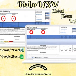 以下が含まれることがあります： Idaho LCSW Hours Logのスプレッドシートを表示する2台のラップトップ。 「Clinical Hours Log」のテキストが表示されます。 画像には「Microsoft Excel」と「Google Sheets」のテキストも含まれています。 ウェブサイトclinicalhourssheets.comも表示されます。