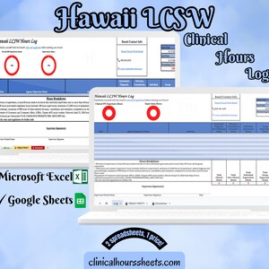 Op de afbeelding: Twee laptops met een sjabloon voor het "Hawaii LCSW Hours Log". De afbeelding bevat de tekst "Clinical Hours Log", "Microsoft Excel", "Google Sheets" en "2 spreadsheets, 1 price!" op een blauwe achtergrond.