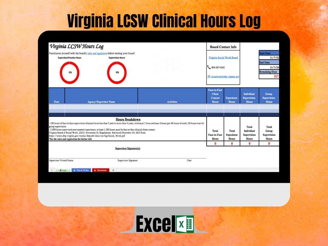 Virginia, LCSW Hour Tracker, Clinical Hours Log, Clinical Supervision