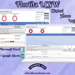 Può includere: Due laptop che mostrano un modello "Florida LCSW Hours Log". L'immagine include il testo "Clinical Hours Log", "Microsoft Excel" e "Google Sheets". Lo sfondo è un design acquerello viola chiaro.