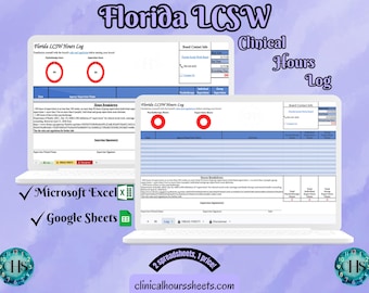 Puede incluir: Dos portátiles que muestran una plantilla "Florida LCSW Hours Log". La imagen incluye el texto "Clinical Hours Log", "Microsoft Excel" y "Google Sheets". El fondo es un diseño de acuarela púrpura claro.