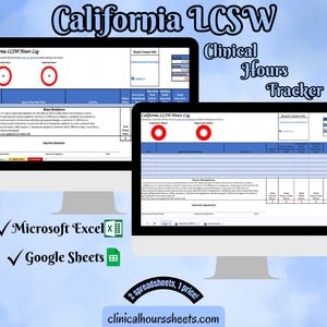 Può includere: Due monitor di computer che mostrano un California LCSW Clinical Hours Tracker. Il testo include "California LCSW Hours Log", "Microsoft Excel", "Google Sheets" e "2 spreadsheets, 1 price!". Lo sfondo è una sfumatura blu chiaro.