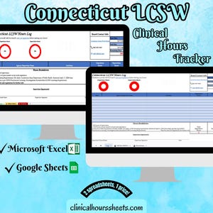 Può includere: Due monitor di computer che mostrano un tracker delle ore cliniche per LCSW del Connecticut. I monitor mostrano fogli di calcolo compatibili con Microsoft Excel e Google Sheets. Il testo include "Connecticut LCSW Hours Log" e "Clinical Hours Tracker."