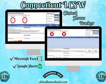Puede incluir: Dos monitores de ordenador que muestran un rastreador de horas clínicas para LCSW de Connecticut. Los monitores muestran hojas de cálculo compatibles con Microsoft Excel y Google Sheets. El texto incluye "Connecticut LCSW Hours Log" y "Clinical Hours Tracker."