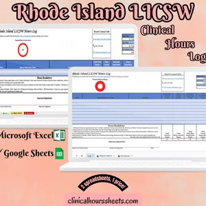 Op de afbeelding: Twee laptops met een sjabloon voor "Rhode Island LICSW Hours Log". De afbeelding bevat de tekst "Clinical Hours Log", "Microsoft Excel", "Google Sheets" en "2 spreadsheets, 1 price!" met het websiteadres "clinicalhourssheets.com".
