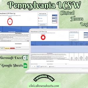 Peut inclure: Deux ordinateurs portables affichent un journal des heures cliniques LCSW de Pennsylvanie. Le texte comprend les logos "Microsoft Excel" et "Google Sheets", ainsi que "2 feuilles de calcul, 1 prix !" et "clinicalhourssheets.com".