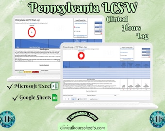 Puede incluir: Dos portátiles que muestran un registro de horas clínicas de LCSW de Pensilvania. El texto incluye los logotipos de "Microsoft Excel" y "Google Sheets", junto con "2 hojas de cálculo, 1 precio!" y "clinicalhourssheets.com".