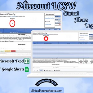 Op de afbeelding: Twee laptops met een Missouri LCSW Hours Log, met de tekst "Missouri LCSW" en "Clinical Hours Log". De afbeelding bevat ook de tekst "Microsoft Excel" en "Google Sheets". Het websiteadres "clinicalhourssheets.com" is ook zichtbaar.
