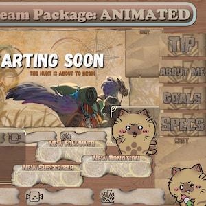 Monster Hunter WILDS Animated stream overlay for Twitch and Youtube, includes Palico X Chiikawa emote