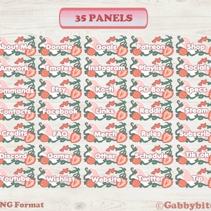 Pode incluir: Trinta e cinco pain&eacute;is ilustrados rosa e verde com detalhes de morango. Cada painel apresenta uma palavra ou frase diferente, como "Sobre mim", "Doar", "Metas", "Patreon", "Loja", "Obras de arte", "Emojis", "Instagram", "Lista de reprodu&ccedil;&atilde;o", "Redes sociais", "Comandos", "Etsy", "Ko-fi", "Caixa postal", "Especifica&ccedil;&otilde;es", "Contatos", "Facebook", "Links", "Reddit", "Steam", "Cr&eacute;ditos", "Perguntas frequentes", "Mercadoria", "Regras", "Inscrever-se", "Discord", "Jogos", "Outro", "Cronograma", "TikTok", "Youtube", "Lista de desejos", "Site", "Twitter", e "Gorjeta".