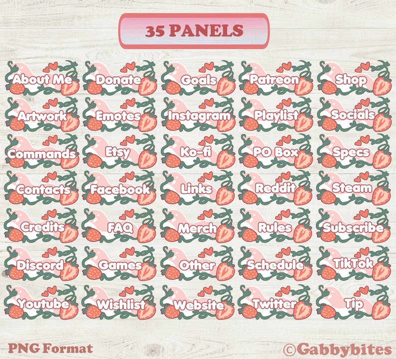 Pode incluir: Trinta e cinco pain&eacute;is ilustrados rosa e verde com detalhes de morango. Cada painel apresenta uma palavra ou frase diferente, como "Sobre mim", "Doar", "Metas", "Patreon", "Loja", "Obras de arte", "Emojis", "Instagram", "Lista de reprodu&ccedil;&atilde;o", "Redes sociais", "Comandos", "Etsy", "Ko-fi", "Caixa postal", "Especifica&ccedil;&otilde;es", "Contatos", "Facebook", "Links", "Reddit", "Steam", "Cr&eacute;ditos", "Perguntas frequentes", "Mercadoria", "Regras", "Inscrever-se", "Discord", "Jogos", "Outro", "Cronograma", "TikTok", "Youtube", "Lista de desejos", "Site", "Twitter", e "Gorjeta".