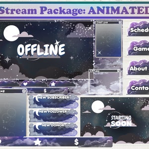 Midnight Clouds Animated Stream Overlay Package for Twitch, Aesthetic Dark Mode Night Shift Clouds and Stars, Black Sky