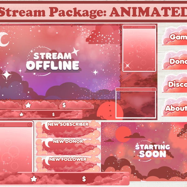 Sunset Red Animated Stream Overlay Package for Twitch, Aesthetic Cute red Clouds and Stars, Evening Sky Blood Moon