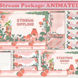 Strawberry Milk Animated Stream Overlay Package for Twitch, Aesthetic Cute Pink Plants and Picnic, Kawaii