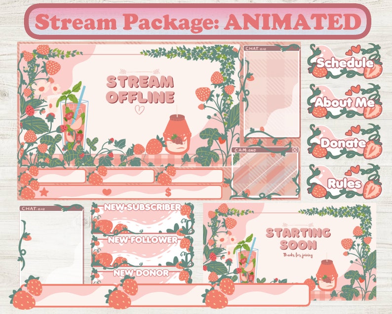 Pode incluir: Um pacote de streaming animado rosa e verde com tema de morango. O pacote inclui uma tela de streaming offline, uma tela de in&iacute;cio em breve, uma caixa de bate-papo, uma caixa de c&acirc;mera e v&aacute;rios pain&eacute;is para novos assinantes, seguidores e doadores. O pacote tamb&eacute;m inclui v&aacute;rios pain&eacute;is para a programa&ccedil;&atilde;o, sobre mim, doar e regras.