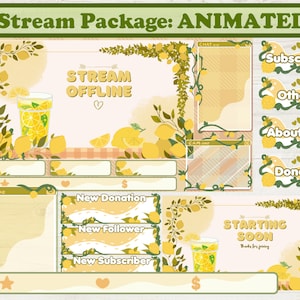 Lemonade Fresh Animated Stream Overlay Package for Twitch, Aesthetic Cute Yellow Plants and Picnic, Kawaii Pastel Lemon