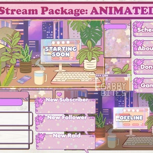 Lofi Studio Animated Stream Overlay Package para Twitch, Aesthetic Cute Plants, City Lo-fi Computer Setup with Stars and Candy