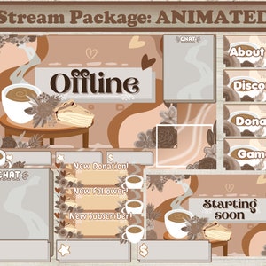 Coffee Cream Animated stream overlay for Twitch and Youtube, Aesthetic soft cafe and deserts. Brown Cream colors.