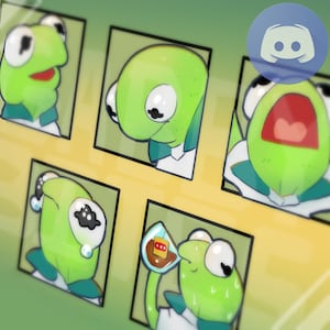 Puede incluir: Una serie de imágenes de dibujos animados de una rana verde con diferentes expresiones faciales. La rana lleva una camisa blanca con un cuello verde y una corbata de lazo verde. Las imágenes están sobre un fondo amarillo con un borde verde.