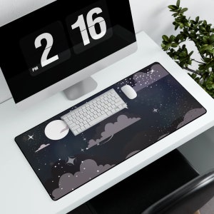 Midnight Stargaze - Desk Mat for Streamers & Gamers with a black and white cloud aesthetic