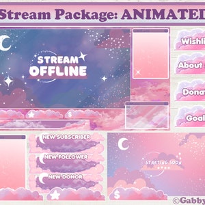 Pacote de sobreposição de fluxo animado BubbleGum Clouds para Twitch, estéticas lindas nuvens e estrelas rosa, céu noturno