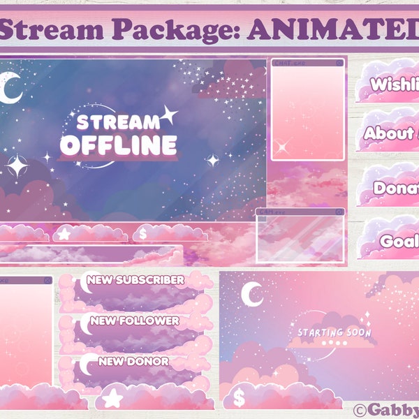 BubbleGum Clouds Animated Stream Overlay Package: Pink Evening Sky (Digital Download)