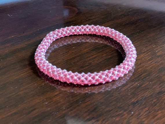 Pink/Black Chenille Stitch Glass Bead Bracelet 8