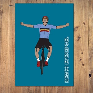 May include: A blue and yellow cycling jersey with a white stripe across the chest. The cyclist is wearing a helmet and sunglasses and is raising his arms in victory. The text "REMCO EVENEPOL" is written vertically on the right side of the image.