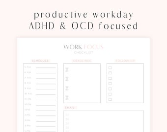 Minimalist Style, ADHD Work Checklist, Stay Focused Office Planner, To-Do Work Organization Printable Checklist, Daily Work Checklist