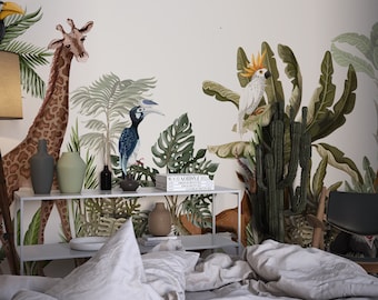 Kinderzimmer Tapete, Safari Tiere mit Baby Tapete, Safari Wallpaper, Aquarell Safari Tiere Wandbild, Kinderzimmer schälen und aufkleben