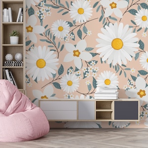 Daisy Wallpaper, Peel And Stick Wallpaper, Removable Wall Paper, Flowers Wallpaper, For Nursery Wallpaper, Kids Room Wallpaper, Floral Decor