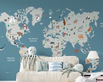 World Map Kids Wallpaper, Nursery Wallpaper, Wallpaper For Kids Boys, Animals Kids Map Wallpaper Peel And Stick, World Map Wall Mural