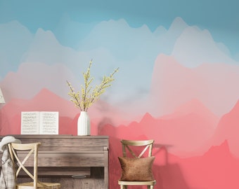 Abstract Misty Mountains Wallpaper, Peel And Stick Wallpaper, Removable Wallpaper, Pink Landscape Wallpaper, Misty Fog Pink Wallpaper