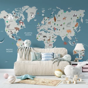 Weltkarte Kinder Wallpaper, Kinderzimmer Wallpaper, Wallpaper für Kinder Jungen, Tiere Kinder Karte Wallpaper abziehen und aufkleben, Weltkarte Wand Wandbild