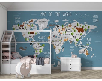 Autocollant mural carte du monde, papier peint carte du monde, papier peint carte du monde pour enfants, papier peint carte du monde aquarelle, papier peint de pépinière, autocollant mural pour enfants