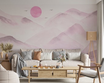 Pink Mountain Peel and Stick Wallpaper: Boho Living Room Decor