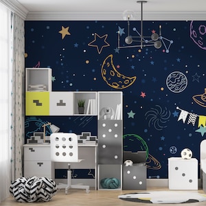 Carta da parati spaziale, carta da parati a buccia e stick, carta da parati rimovibile, carta da parati Line Art Space, carta da parati per vivaio, carta da parati per camerette