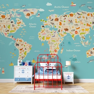 Kinderkarten-Tapete, Weltkarte, Weltkarte für Kinderzimmer, Kinderzimmer, Tiere, Kinderkarten-Tapete zum Abziehen und Aufkleben
