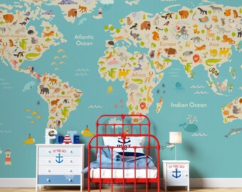 Kids Map Wallpaper World Map, Map Of The World For Kids Room Wallpaper, Kids Room Nursery, Animals Kids Map Wallpaper Peel And Stick