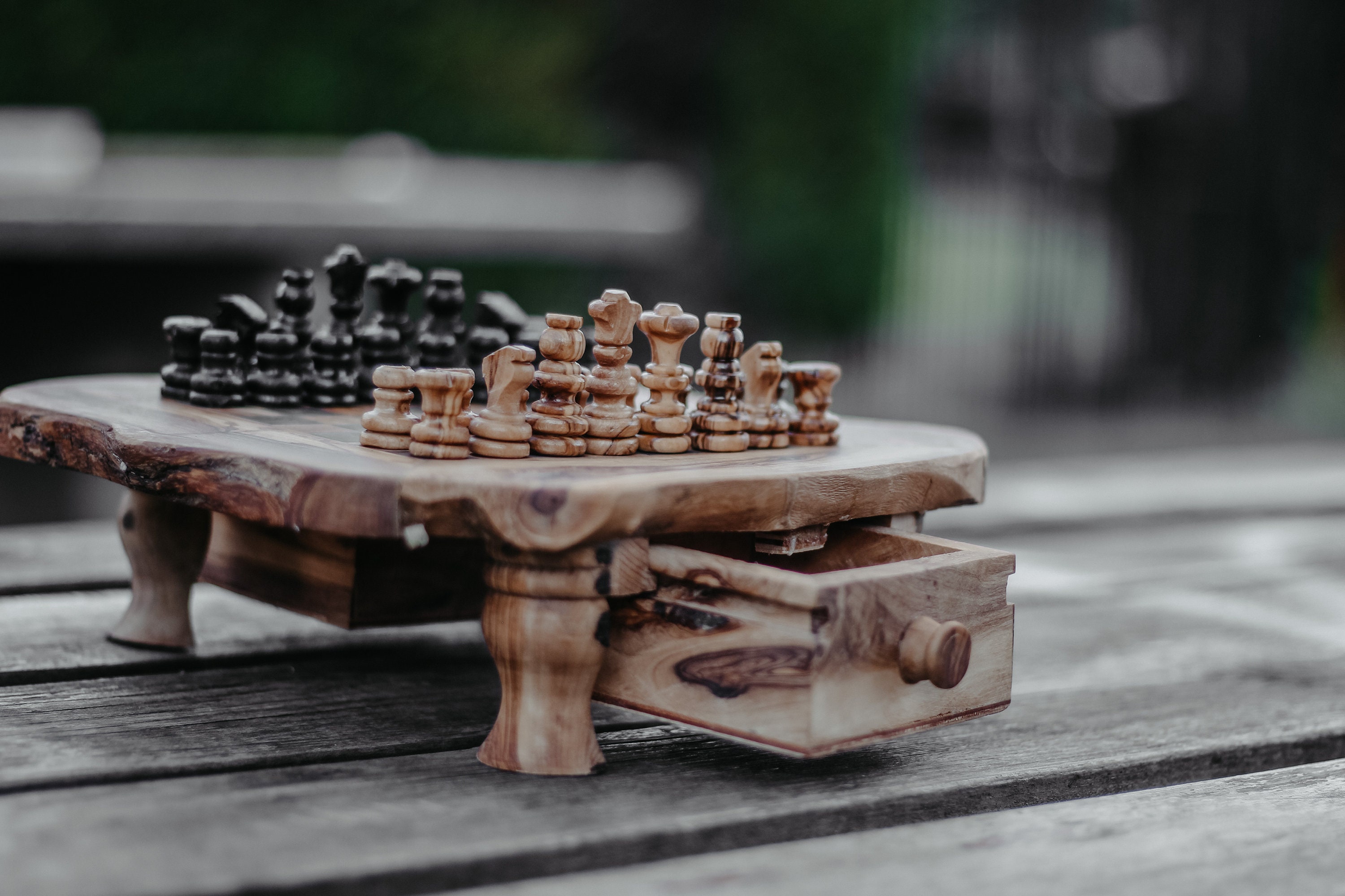 Large Olive wood Chess Board 16 x 16 Rustic Live Edge with 32  hand-crafted chess pieces + handmade Bag for pieces